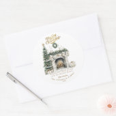 Elegant Merry Christmas Sticker with Fireplace and (Envelop)