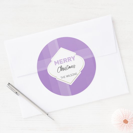 Elegant Merry Christmas Tartan Lila Violet Ronde Sticker (Envelop)