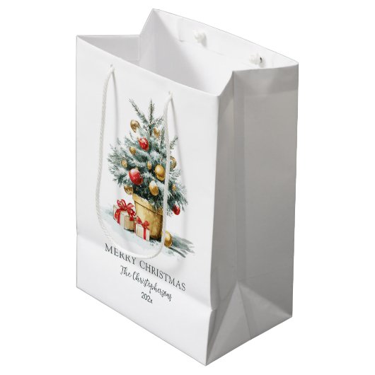 Elegant Merry Christmas Tree Gift Bag Medium Cadeauzakje (Voorkant Gekanteld)
