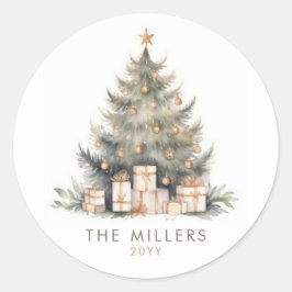 Elegant Merry Christmas Tree Gold Minimalist Ronde Sticker