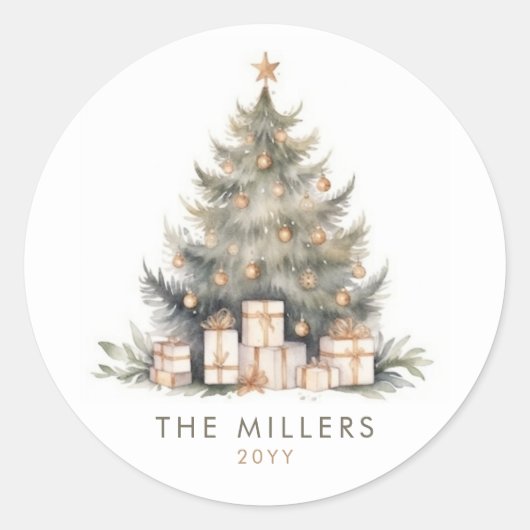 Elegant Merry Christmas Tree Gold Minimalist Ronde Sticker (Voorkant)