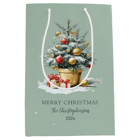 Elegant Merry Christmas Tree Sage Green Gift Bag Medium Cadeauzakje (Voorkant)