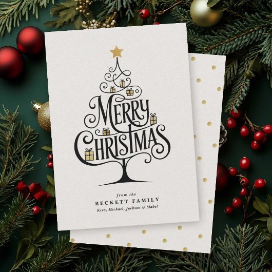 Elegant “Merry Christmas” Typography Tree Family Feestdagenkaart