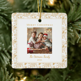 Elegant Merry Christmas White Faux Gold Photo Keramisch Ornament