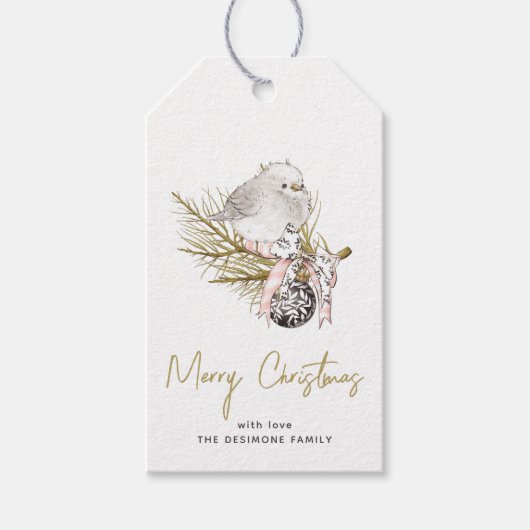 Elegant Merry Christmas Winter Vogel Goud Cadeaulabel (Voorkant)