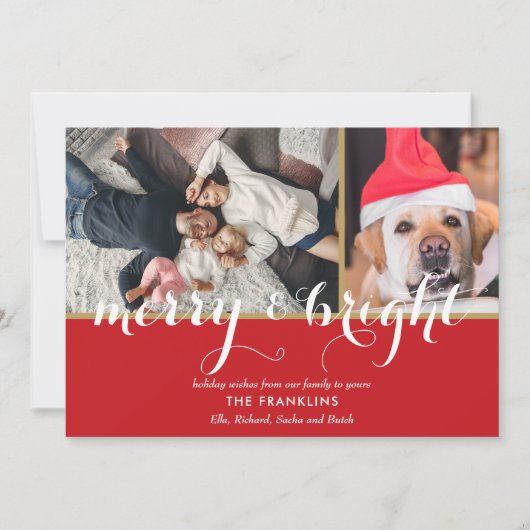 Elegant Merry en Bright Script 2 foto's Kerst Feestdagenkaart (Voorkant)