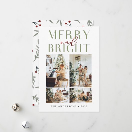 Elegant Merry en Bright Vier Foto Feestdagenkaart (Voorkant / Achterkant in situ)