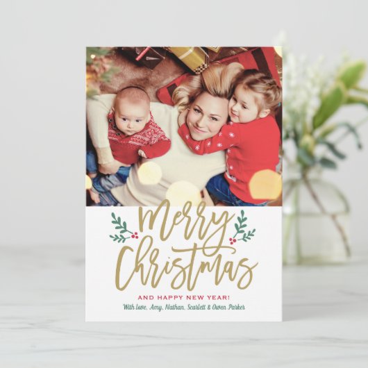 Elegant Merry Gold kerstgeborsteld script foto Feestdagenkaart (Staand voorkant)