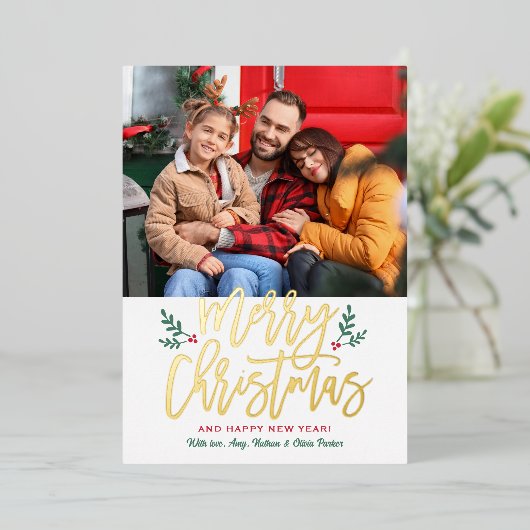 Elegant Merry Gold kerstgeborsteld script foto Folie Feestdagenkaart (Staand Voorkant)
