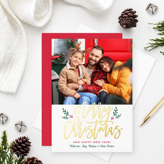 Elegant Merry Gold kerstgeborsteld script foto Folie Feestdagenkaart