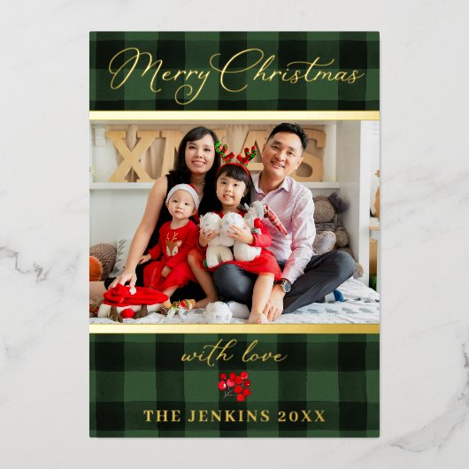 Elegant Merry Green en Red Photo Gold Folie Feestdagenkaart (Voorkant)