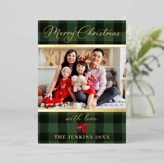 Elegant Merry Green en Red Photo Gold Folie Feestdagenkaart (Staand Voorkant)