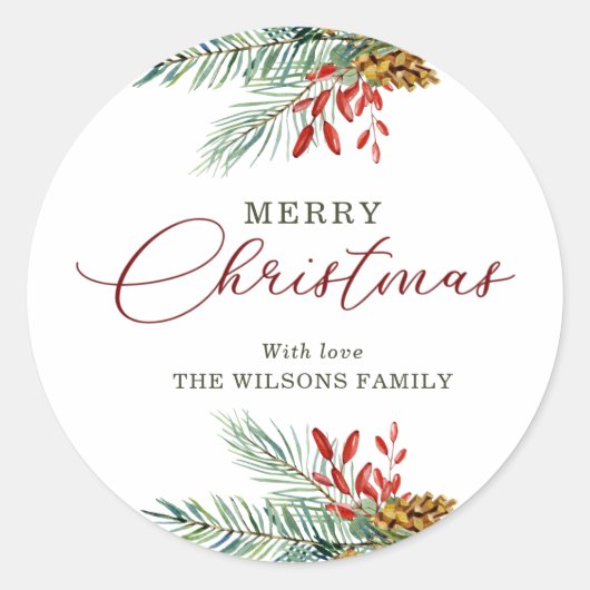 Elegant Merry kerst Holly Berries Pinecones Ronde Sticker (Voorkant)