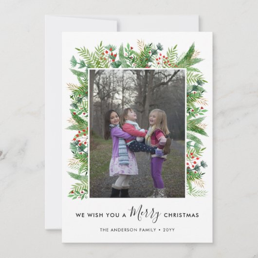 Elegant Merry kerstaks Berries 2 Foto Feestdagenkaart (Voorkant)