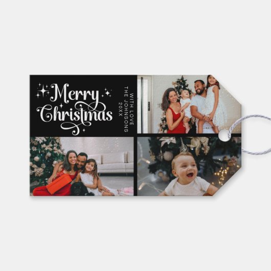 Elegant Merry-kerstfamilie Foto Collage Cadeaulabel (Voorkant (Horizontaal))