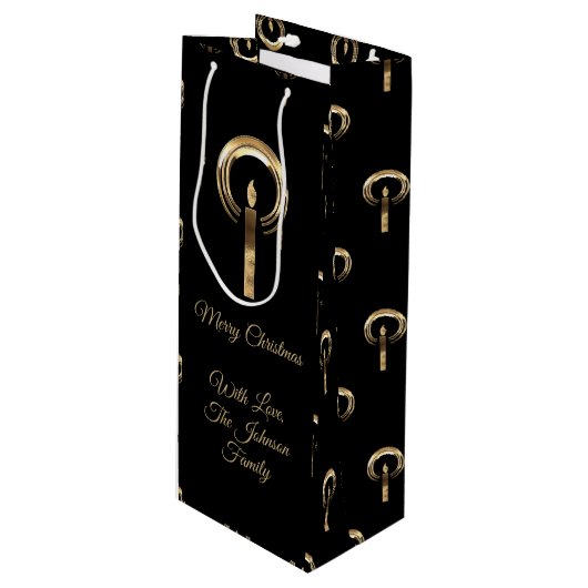 Elegant Merry-kerstkaars Black en Gold-look Wijn Cadeautas (Voorkant Gekanteld)