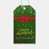 Elegant Merry Kerstmis, Gold Confetti, Red Bow Cadeaulabel (Voorkant)
