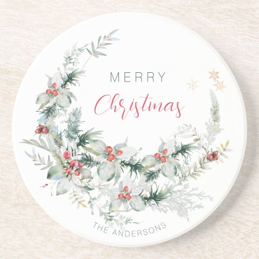 Elegant Merry Kerstmis halve grote waterverf Caca Zandsteen Onderzetter (Voorkant)