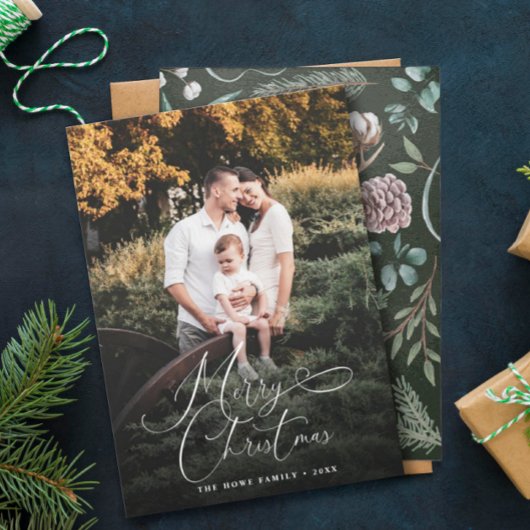 Elegant Merry Kerstmis Modern Photo Pine Cone Feestdagenkaart