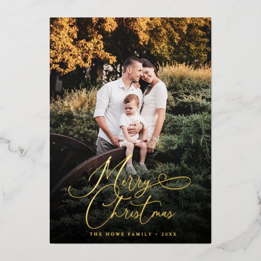 Elegant Merry Kerstmis Modern Photo Pine Cone Folie Feestdagenkaart (Voorkant)