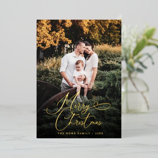 Elegant Merry Kerstmis Modern Photo Pine Cone Folie Feestdagenkaart (Staand Voorkant)