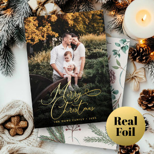 Elegant Merry Kerstmis Modern Photo Pine Cone Folie Feestdagenkaart