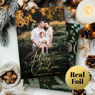 Elegant Merry Kerstmis Modern Photo Pine Cone Folie Feestdagenkaart