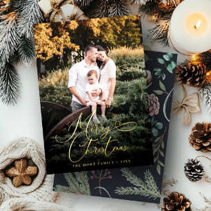 Elegant Merry Kerstmis Modern Photo Pine Cone Folie Feestdagenkaart