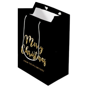Elegant Merry kerstscript metallic gold black blac Medium Cadeauzakje