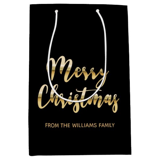 Elegant Merry kerstscript metallic gold black blac Medium Cadeauzakje (Voorkant)