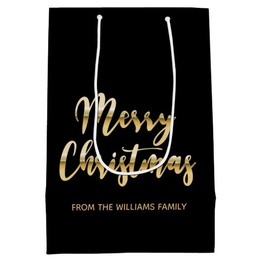 Elegant Merry kerstscript metallic gold black blac Medium Cadeauzakje (Achterkant)