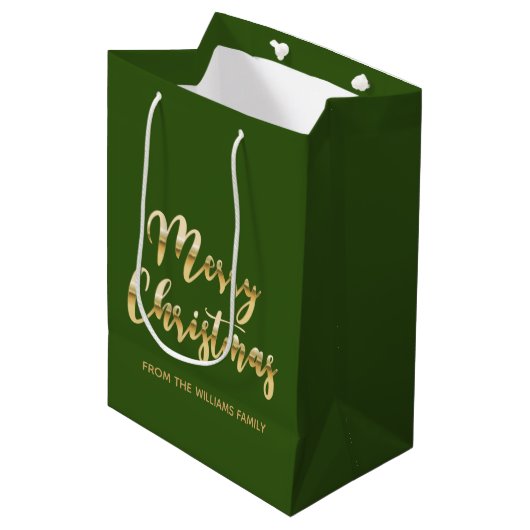 Elegant Merry kerstscript metallic goud groen Medium Cadeauzakje (Voorkant Gekanteld)