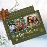 Elegant Merry kerstsnowflakes 2 Foto Folie Feestdagenkaart<br><div class="desc">Classy en elegant twee folie script met fotogoud,  met folie sneeuwvlokken en gouden folie foto's,  ontworpen door Holiday Hearts Design (rechten voorbehouden). De achterzijde heeft een diagonaal raster in faux goud. Foto's van de sjabloon van de plaatjeshouder met dank aan Unsplash.</div>