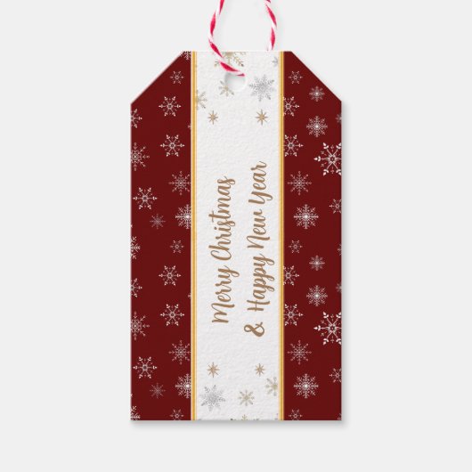 Elegant Merry-kerstsnowflakes op Bourgogne Cadeaulabel (Voorkant)