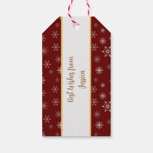 Elegant Merry-kerstsnowflakes op Bourgogne Cadeaulabel (Achterkant)