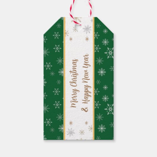 Elegant Merry-kerstsnowflakes op groen Cadeaulabel (Voorkant)