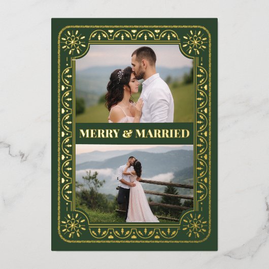 Elegant Merry & Married 2 Foto Custom Gold Folie Feestdagenkaart (Voorkant)