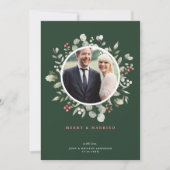 Elegant Merry & Married Greenery Wreath Photo Feestdagenkaart (Voorkant)