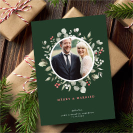Elegant Merry & Married Greenery Wreath Photo Feestdagenkaart