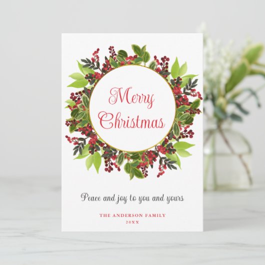 Elegant Merry Red Berries Holiday Card Feestdagenkaart (Staand voorkant)