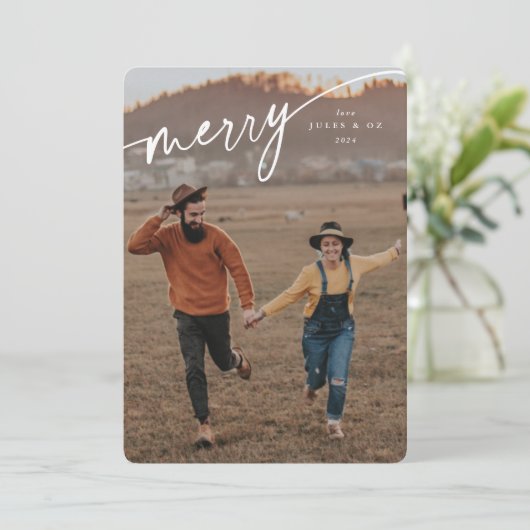 Elegant Merry White Typographic Script Feestdagenkaart (Staand voorkant)