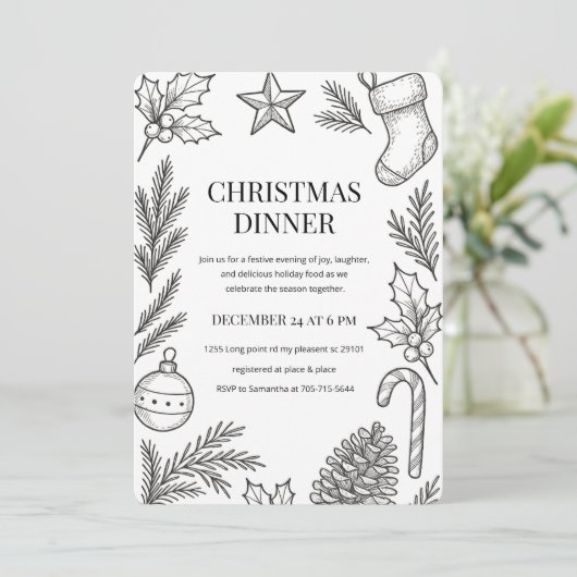 Elegant met de hand getekend kerstdiner kaart (Staand voorkant)