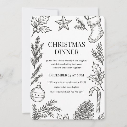 Elegant met de hand getekend kerstdiner kaart (Voorkant)