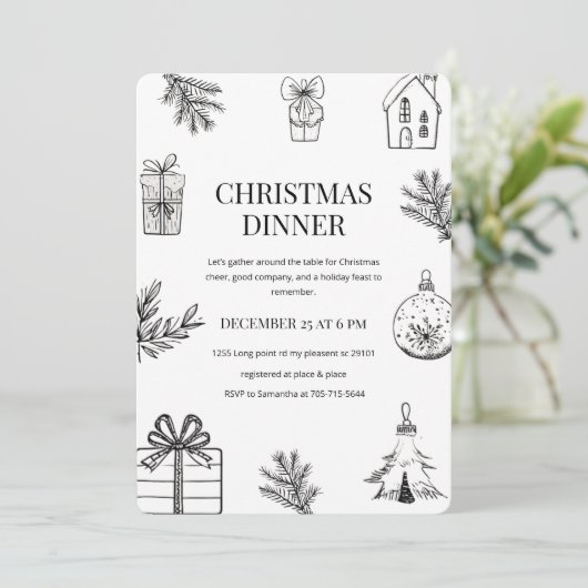 Elegant met de hand getekend kerstdiner kaart (Staand voorkant)