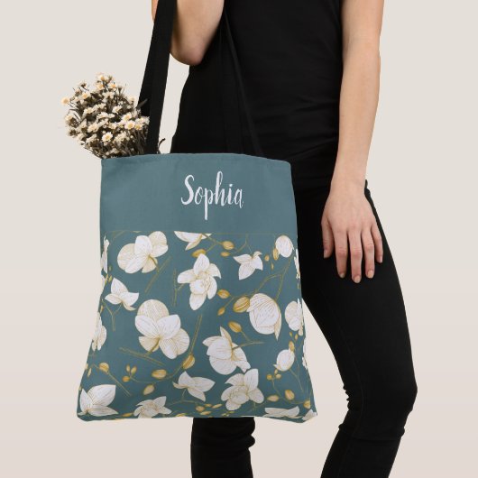 Elegant met gouden en witte orchideeën chic steel tote bag (Dichtbij)