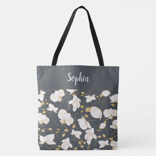 Elegant met gouden en witte orchideeën grijs tote bag (Voorkant)