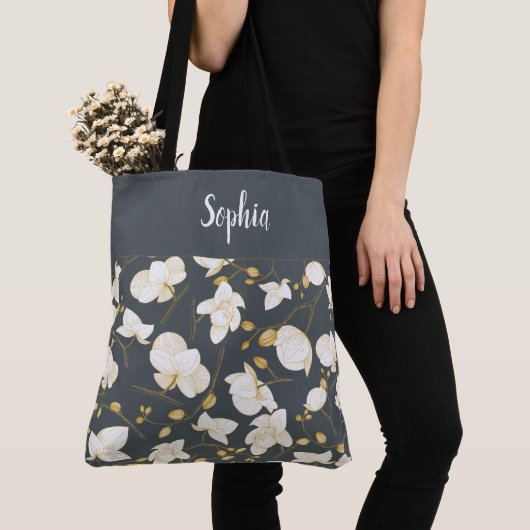 Elegant met gouden en witte orchideeën grijs tote bag (Dichtbij)