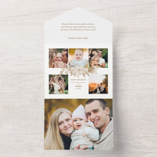 Elegant met gouden kerstflora 5-foto's all in one uitnodiging (Binnen)