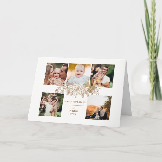 Elegant met gouden kerstflora 5-foto's feestdagen kaart (Voorkant)