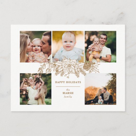Elegant met gouden kerstflora 5-foto's feestdagenkaart (Voorkant)